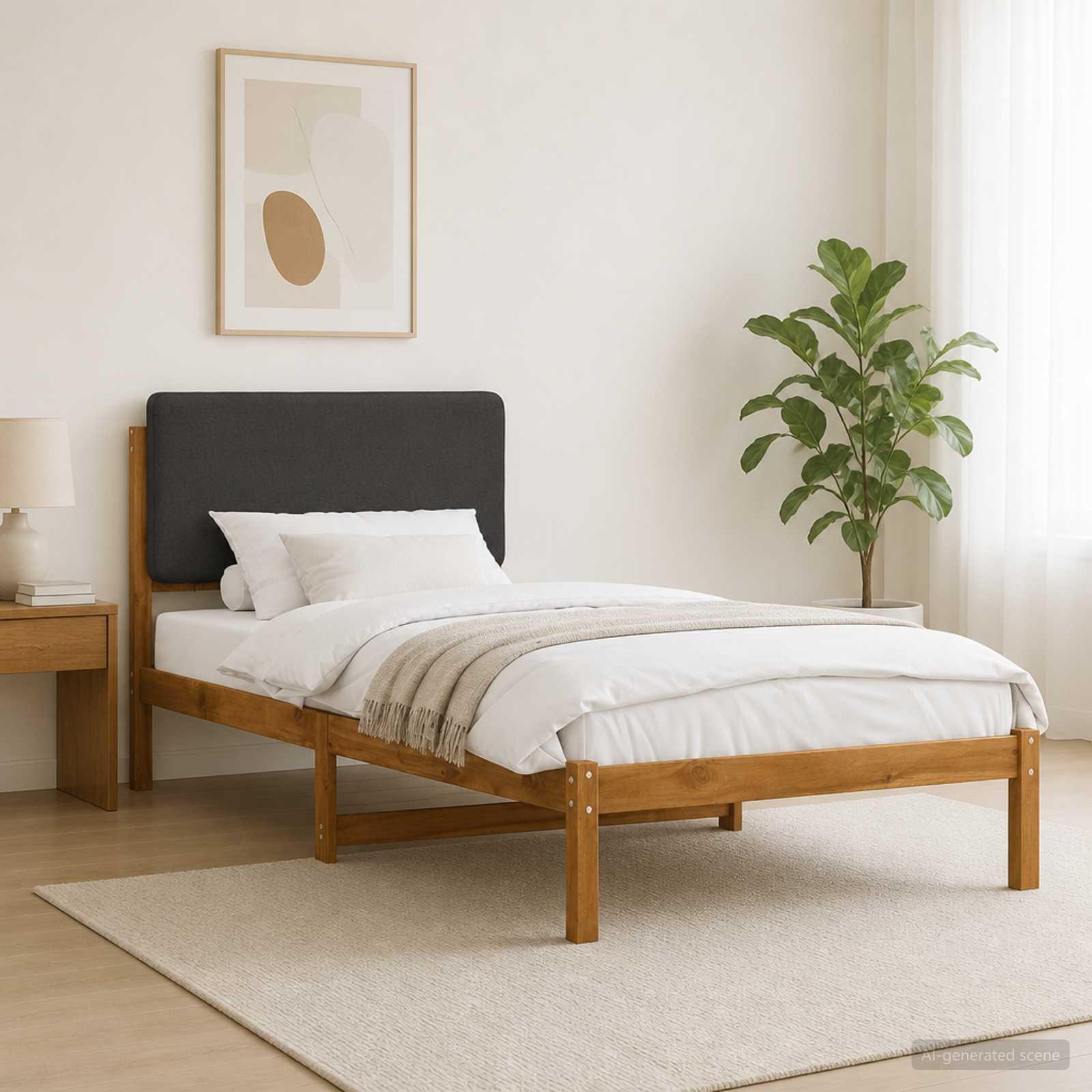 Sengestel med polstret hovedgavl 75 x 190 cm - naturfarvet og mørkegrå