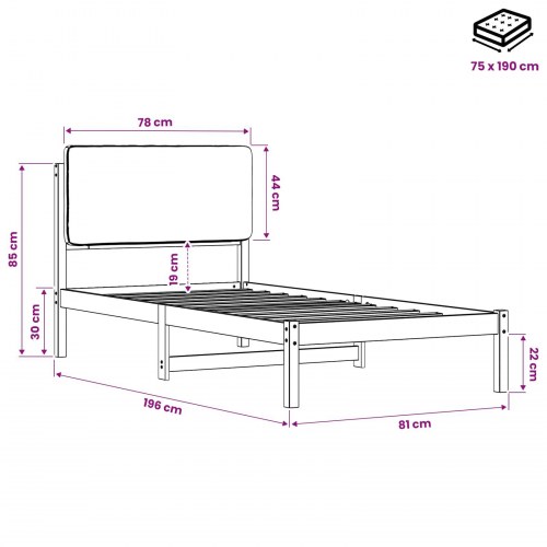 Sengestel med polstret hovedgavl 75 x 190 cm - naturfarvet og mørkegrå