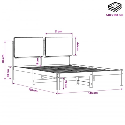 Sengestel med polstret hovedgavl 140 x 190 cm - hvidvasket/taupe