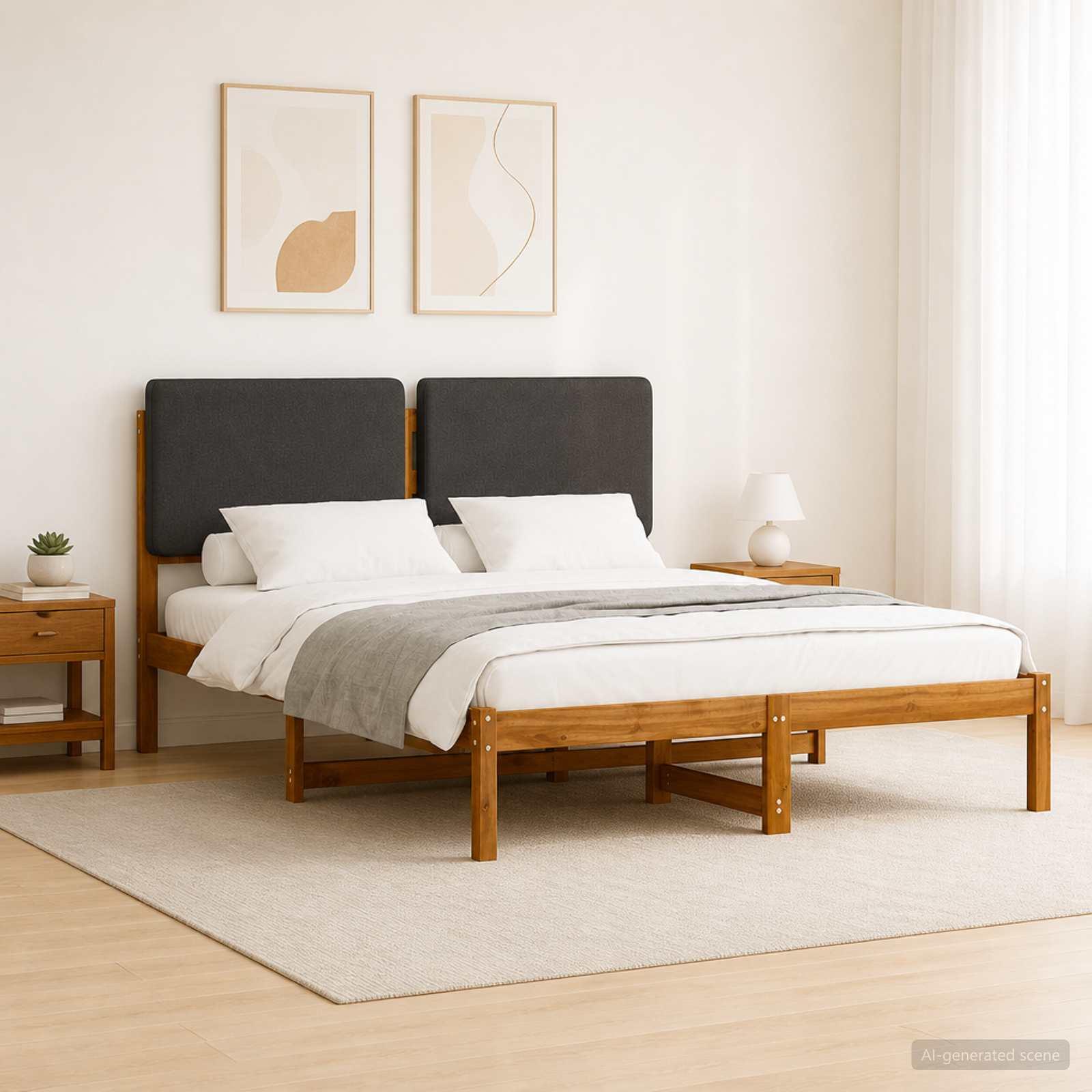 Sengestel med polstret hovedgavl 140 x 190 cm - naturfarvet/mørkegrå