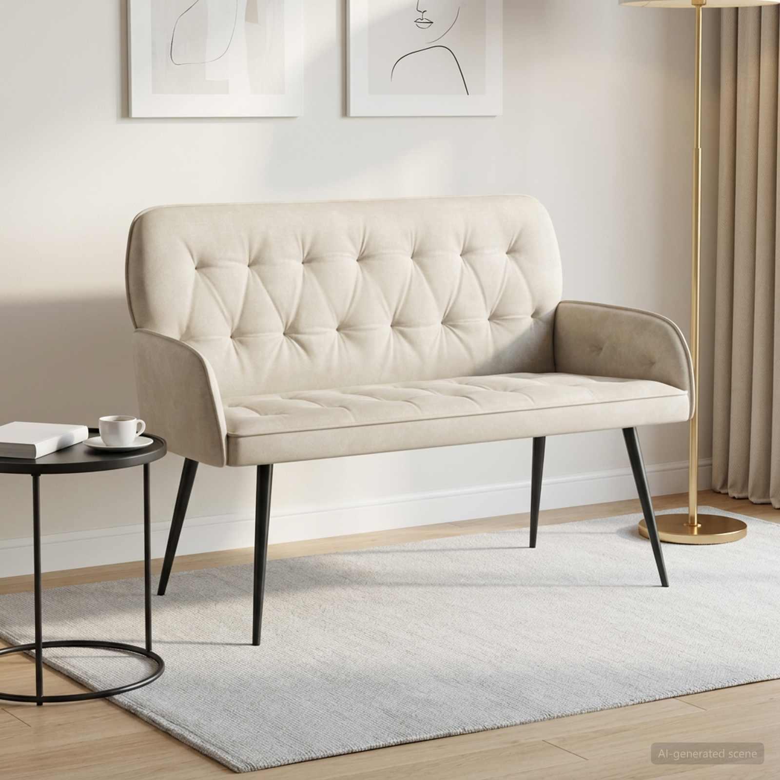 2-personers sofa i cremefarvet fløjl med metalben
