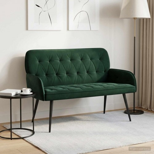2-personers sofa i mørkegrøn fløjl med metalben