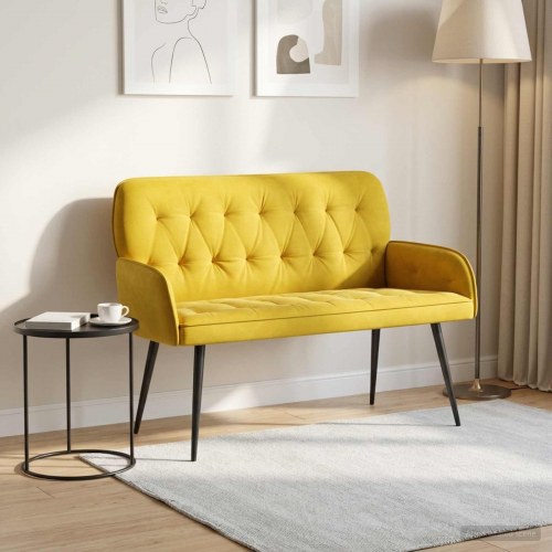 2-personers sofa i gul fløjl med metalben