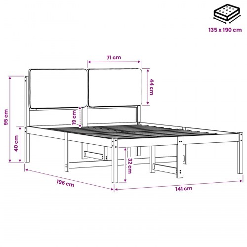 Sengestel med polstret hovedgavl 135 x 190 cm - naturfarvet/lysegrå