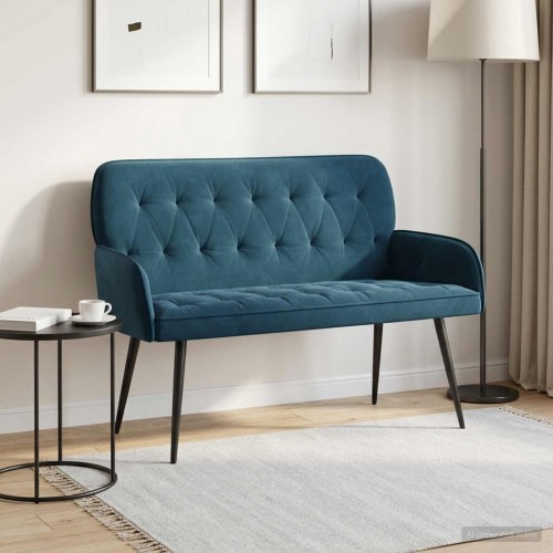 2-personers sofa i blå fløjl med metalben