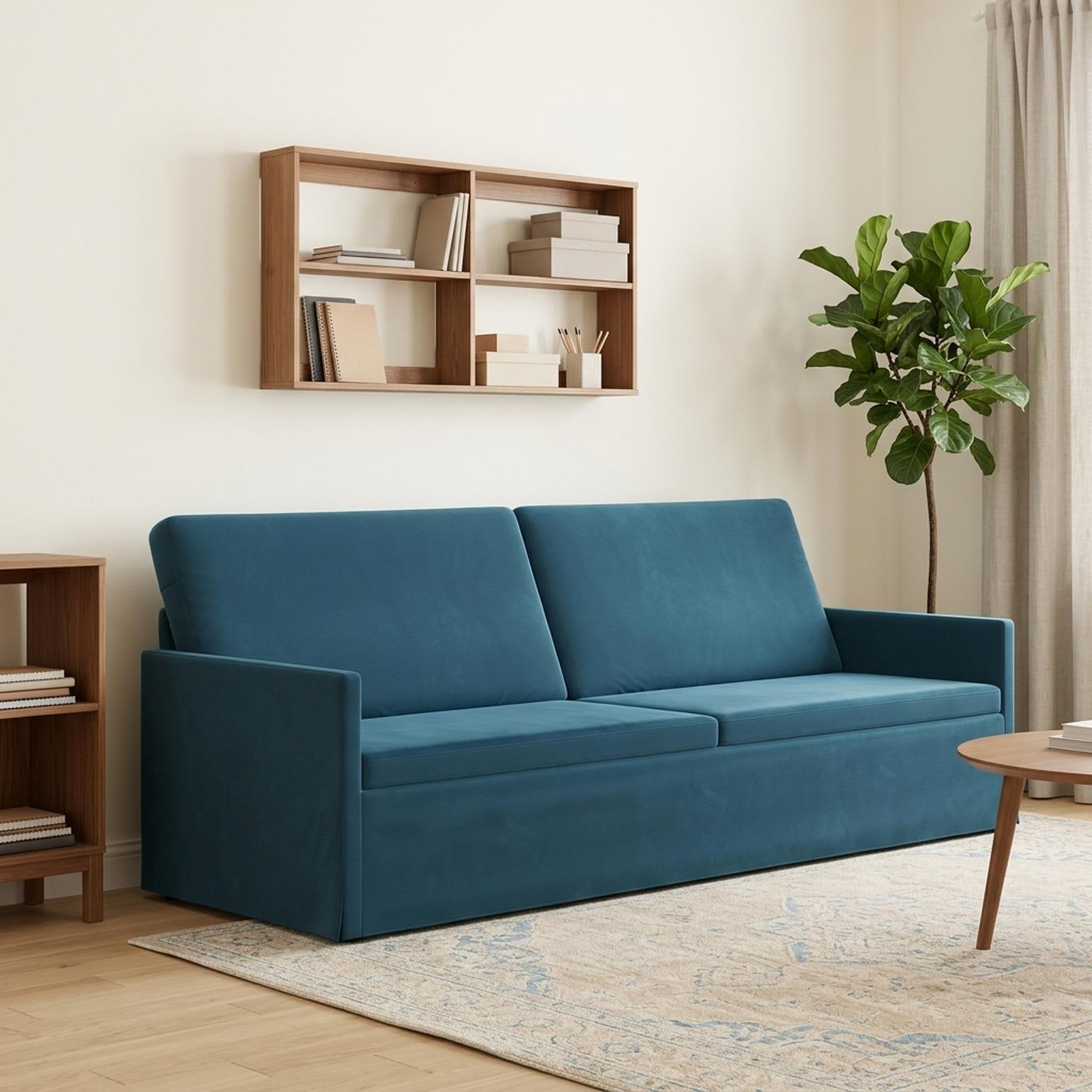 3-personers sofa i blå velour - 220 x 81 x 82 cm