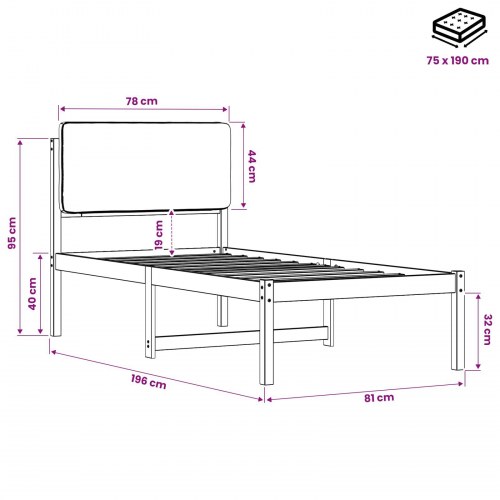 Sengestel med polstret hovedgavl 75 x 190 cm - naturfarvet og lysegrå