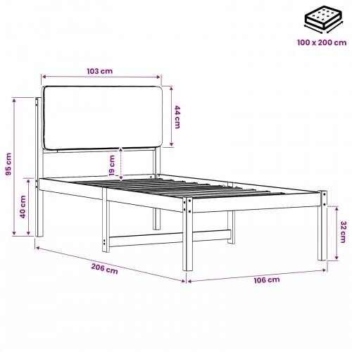 Sengestel med polstret hovedgavl - 100 x 200 cm