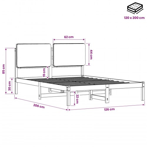 Sengestel med polstret hovedgavl 120 x 200 cm - naturfarvet/mørkegrå
