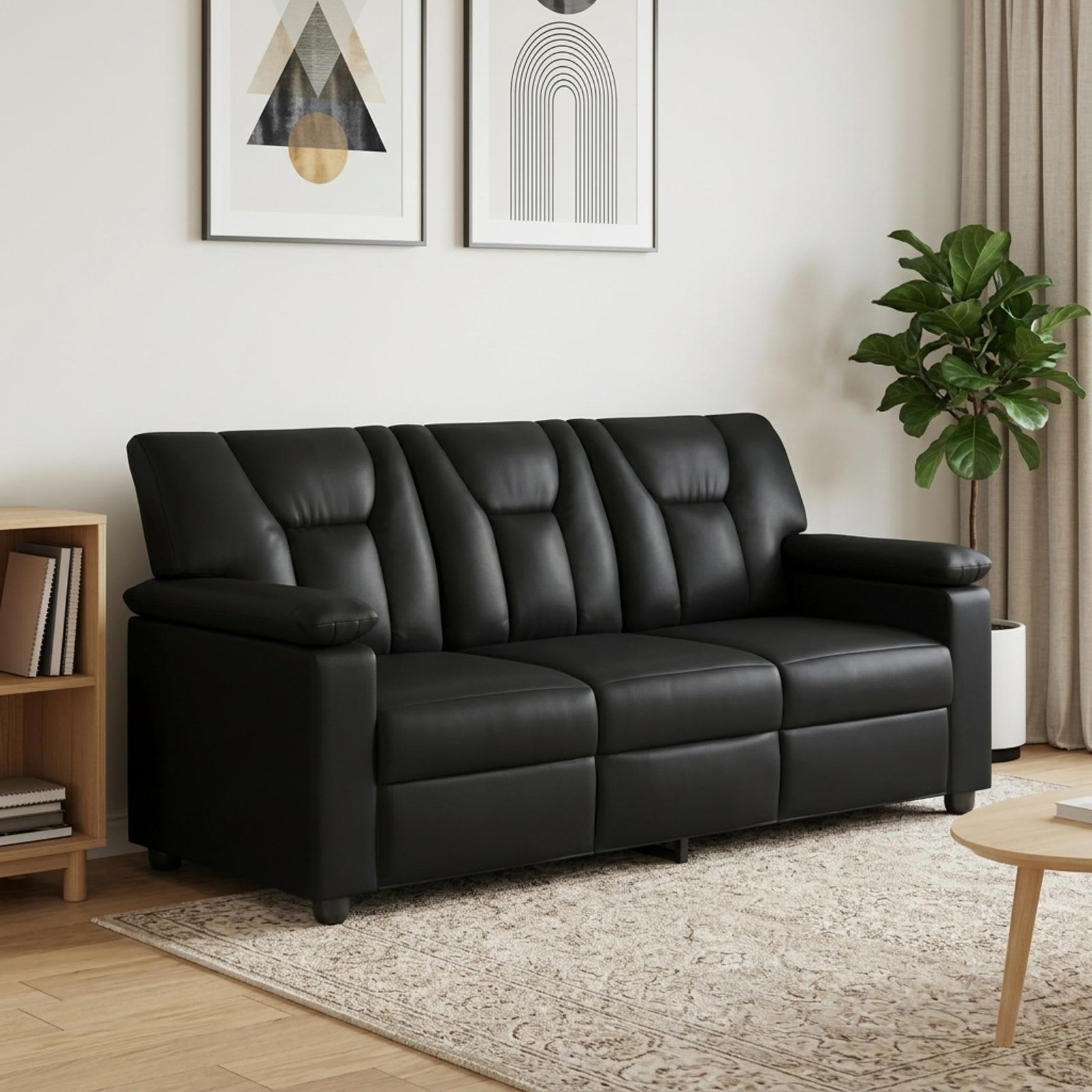 3-personers sofa i sort kunstlæder - 191 x 85 x 93 cm