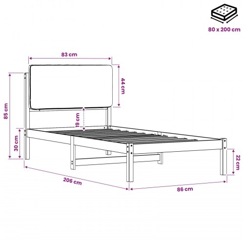 Sengestel 80 x 200 cm med polstret hovedgavl - naturfarvet og lysegrå