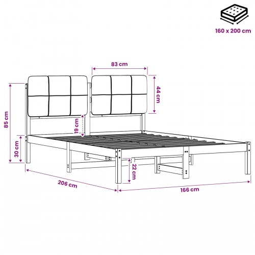 Sengestel med polstret hovedgavl 160 x 200 cm - naturfarvet og lysegrå