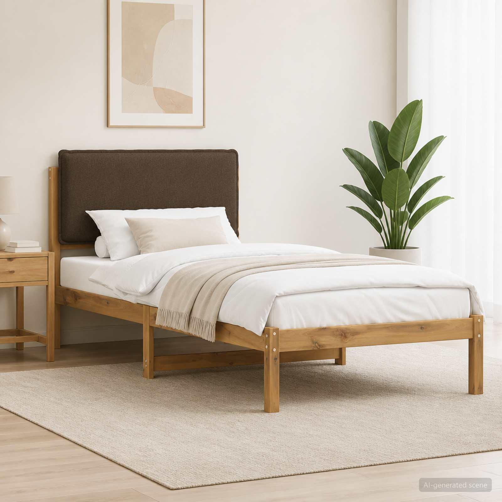 Sengestel med polstret hovedgavl - hvidvasket/taupe, 75 x 190 cm
