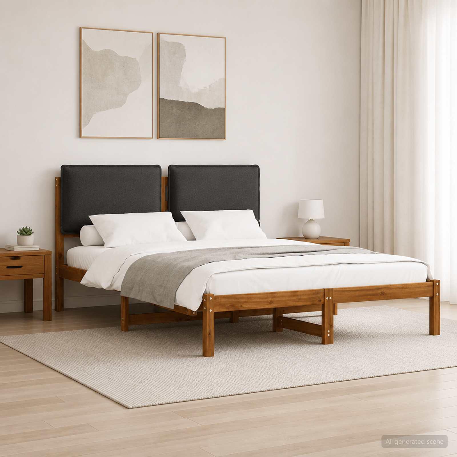 Sengestel med polstret hovedgavl 120 x 190 cm - naturfarvet og mørkegrå