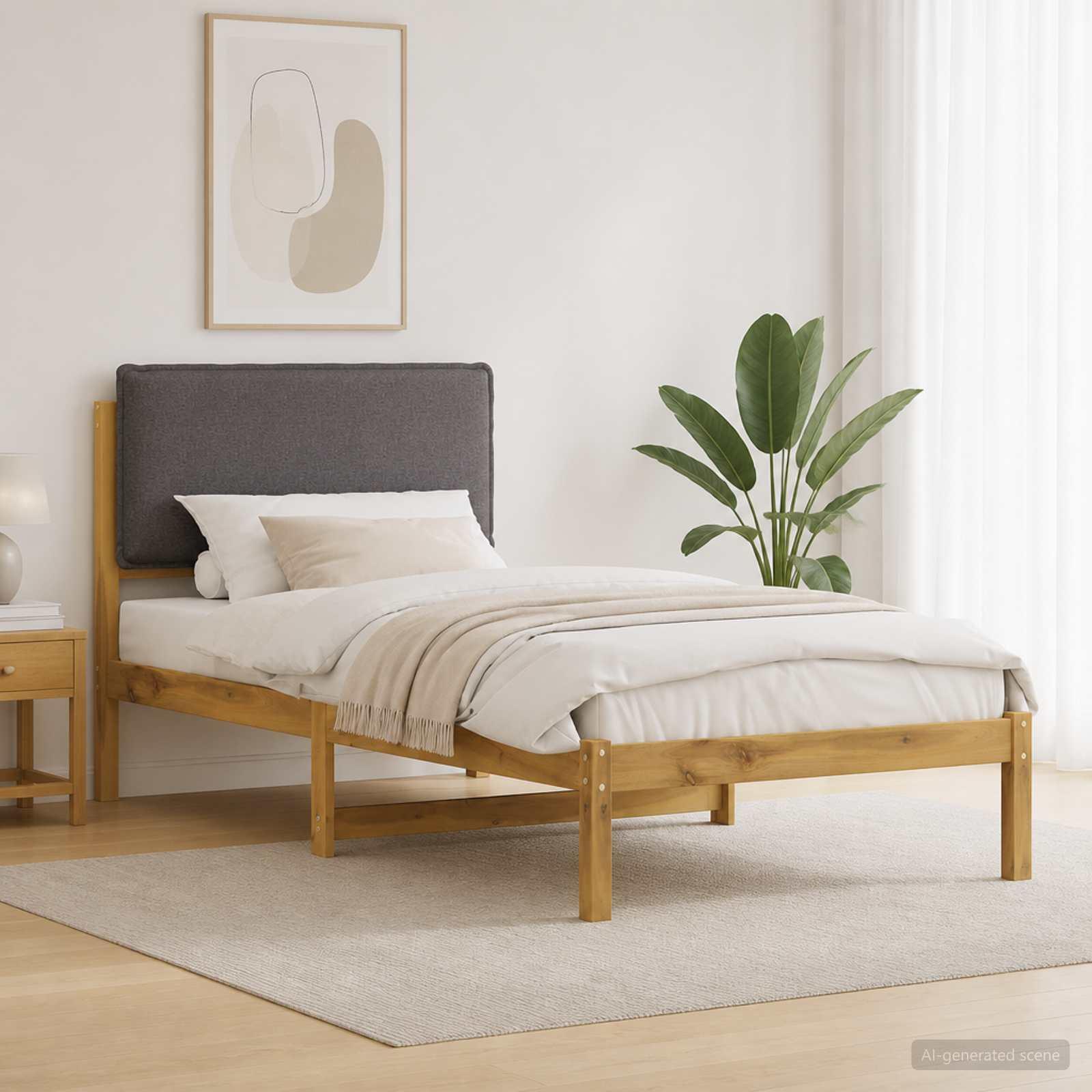 Sengestel med polstret hovedgavl 90 x 190 cm - hvidvasket og lysegrå