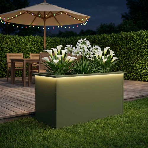 Plantekasse med LED i stål - olivengrøn 50 x 100 x 48 cm