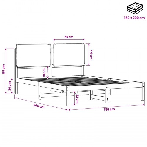 Sengestel med polstret hovedgavl 150 x 200 cm - hvidvasket/lysegrå