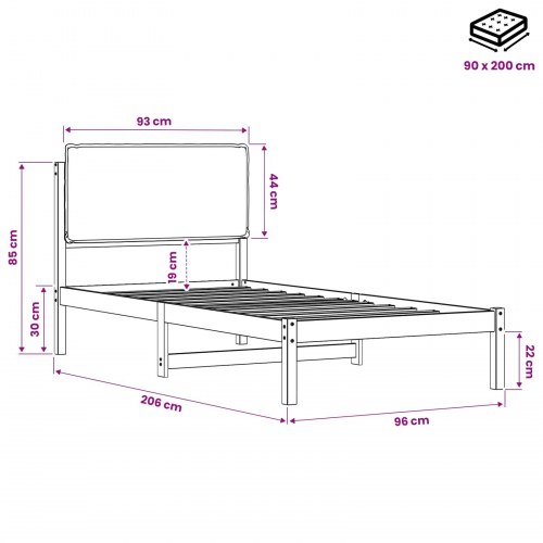 Sengestel med polstret hovedgavl 90 x 200 cm - hvidvasket/taupe