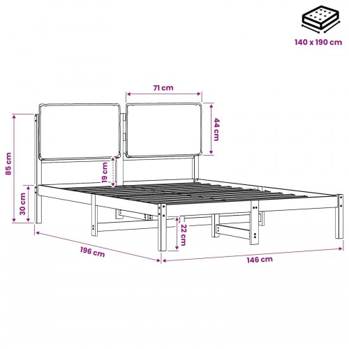 Sengestel med polstret hovedgavl 140 x 190 cm - hvidvasket/lysegrå