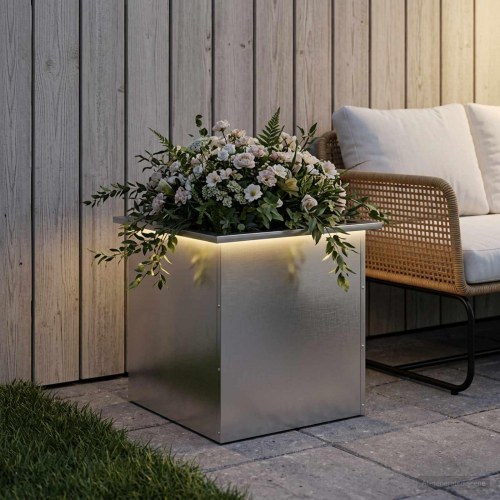 Plantekasse med LED i rustfrit stål - sølv 50 x 50 x 48 cm