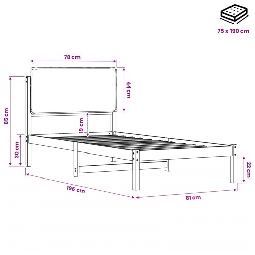 Sengestel med polstret hovedgavl 75 x 190 cm - naturfarvet/mørkegrå