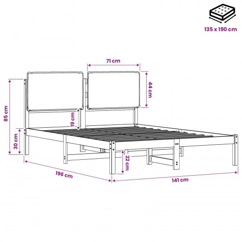 Sengestel med polstret hovedgavl 135 x 190 cm - naturfarvet/lysegrå