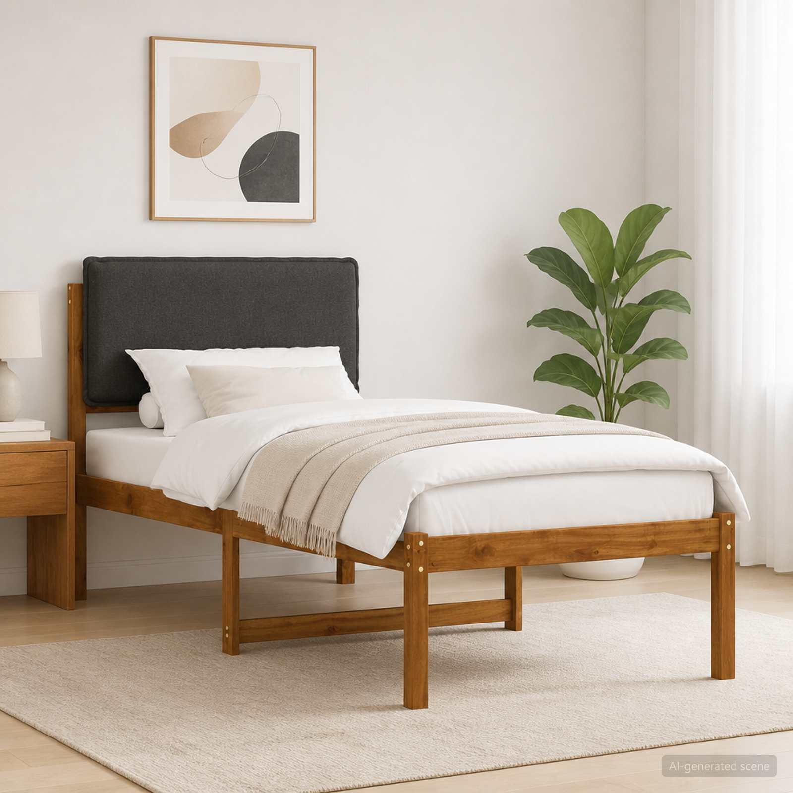 Sengestel med polstret hovedgavl 90 x 200 cm - naturfarvet og mørkegrå