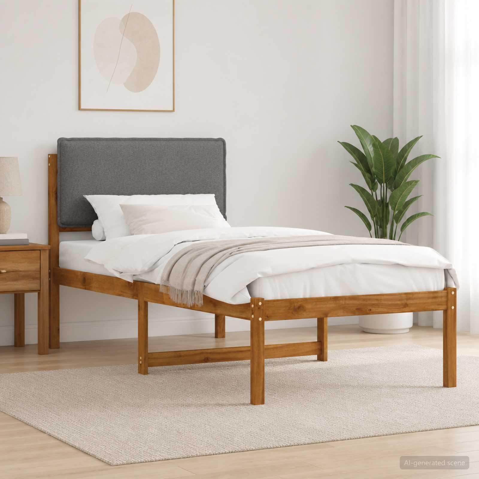 Sengestel med polstret hovedgavl 90 x 200 cm - naturfarvet og lysegrå