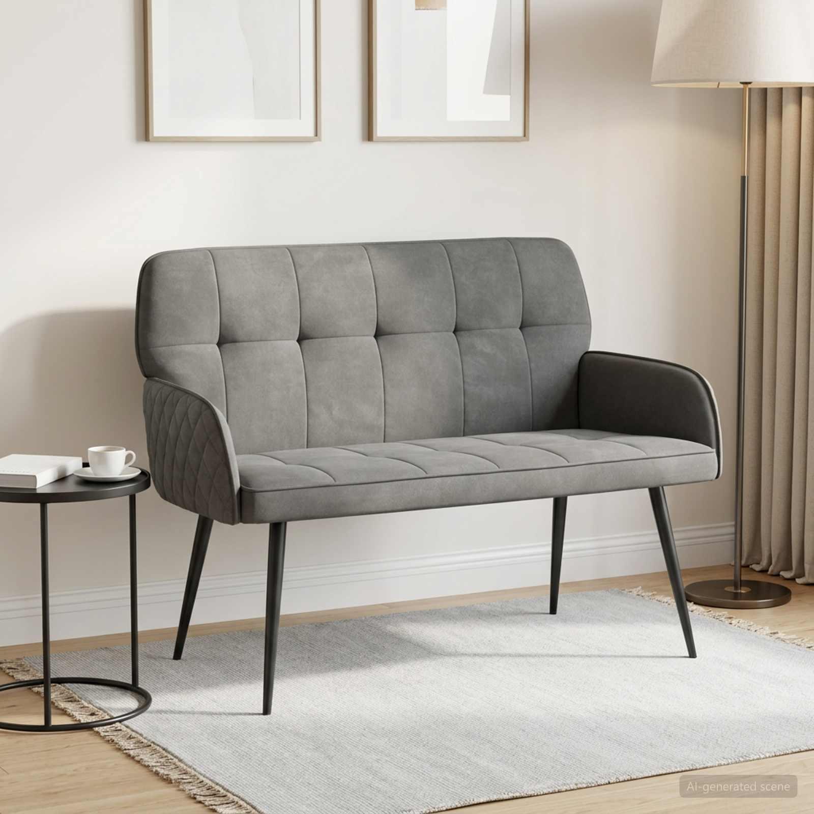 2-personers sofa i mørkegrå fløjl med metalben
