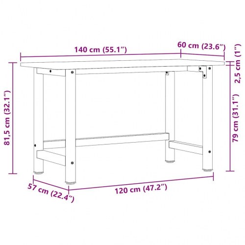 Arbejdsbænk 140 x 60 x 81,5 cm i massivt egetræ - mørkebrun