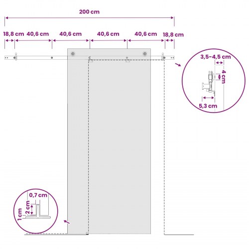Skydedørsbeslag med skjult skinne 200 cm - sort