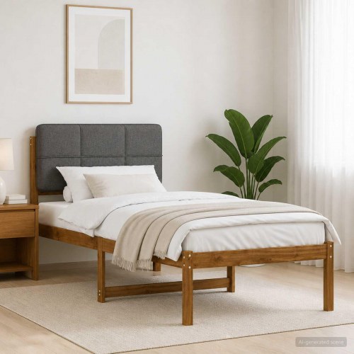 Sengestel 90 x 200 cm med polstret hovedgavl - naturfarvet og lysegrå