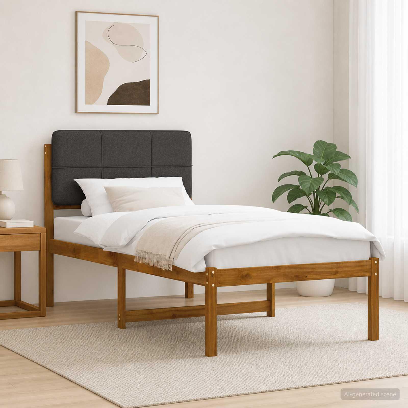 Sengestel med polstret hovedgavl 75 x 190 cm - naturfarvet og mørkegrå