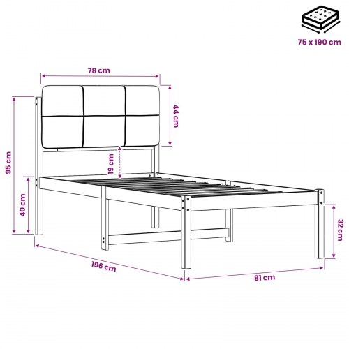 Sengestel med polstret hovedgavl 75 x 190 cm - naturfarvet og mørkegrå
