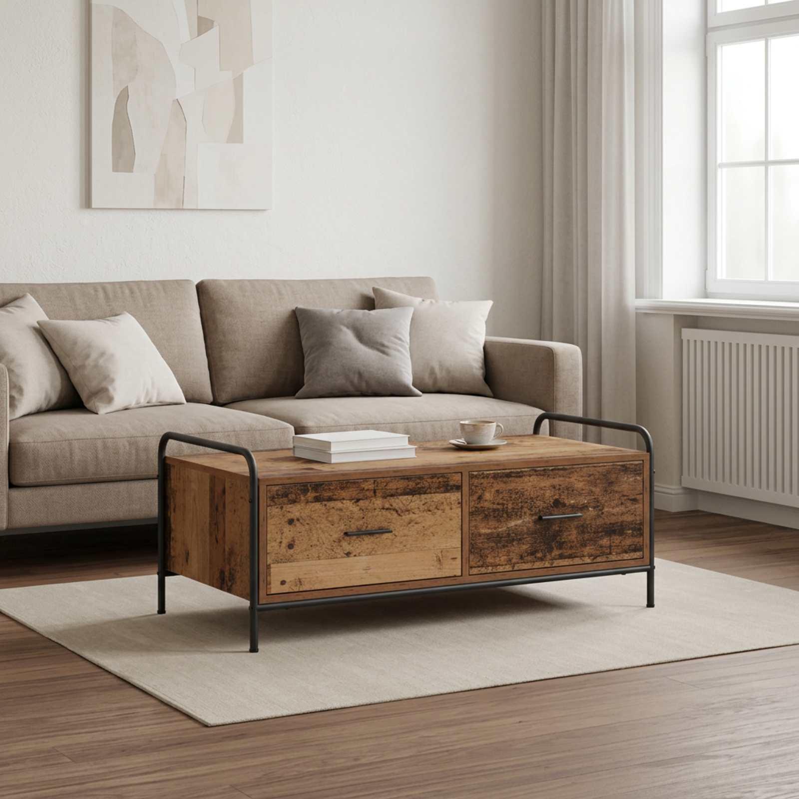 Sofabord i gammelt træ med 2 skuffer - 99,5 x 49 x 41 cm