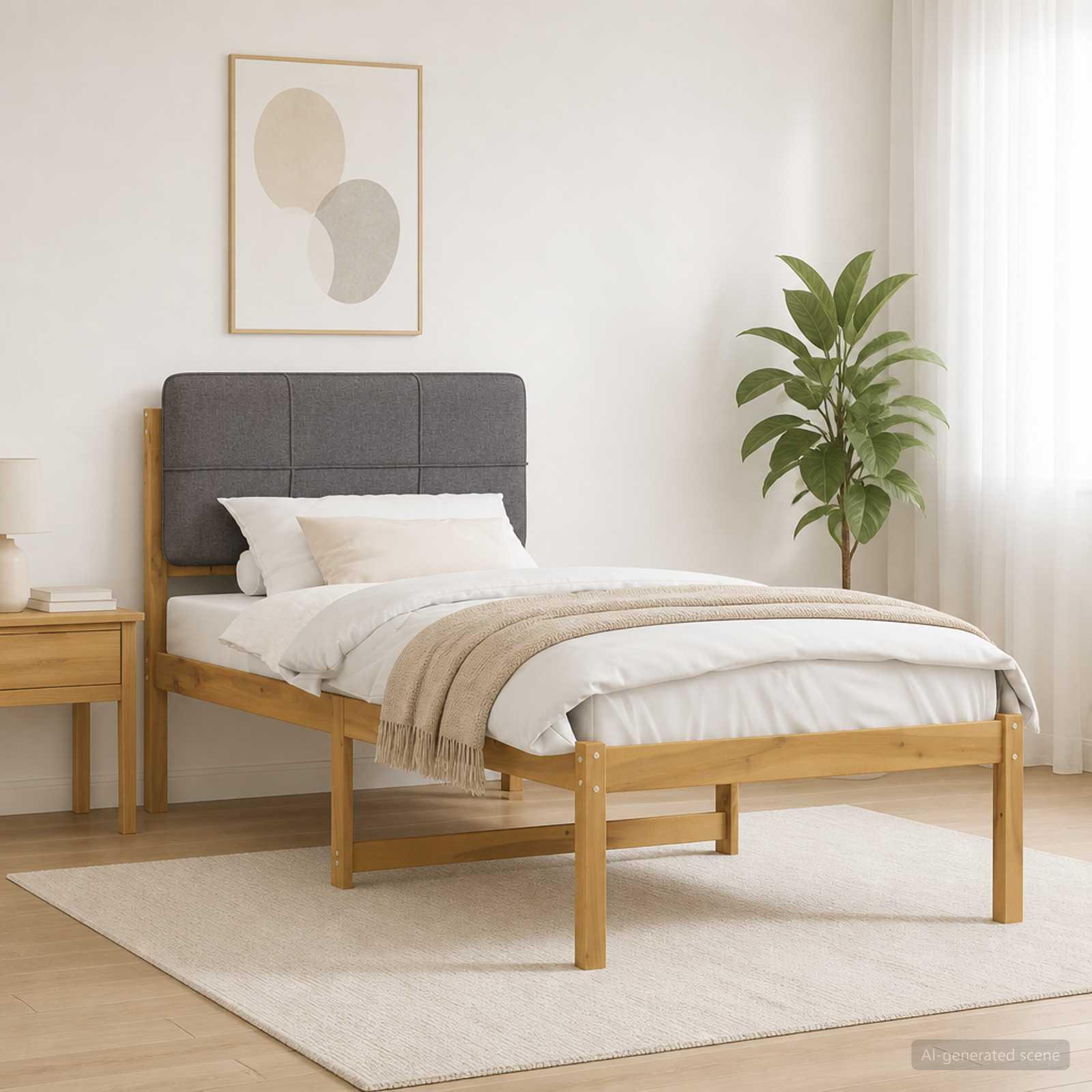 Sengestel 90 x 200 cm med polstret hovedgavl - hvidvasket/lysegrå