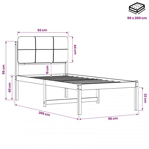 Sengestel 90 x 200 cm med polstret hovedgavl - hvidvasket/lysegrå