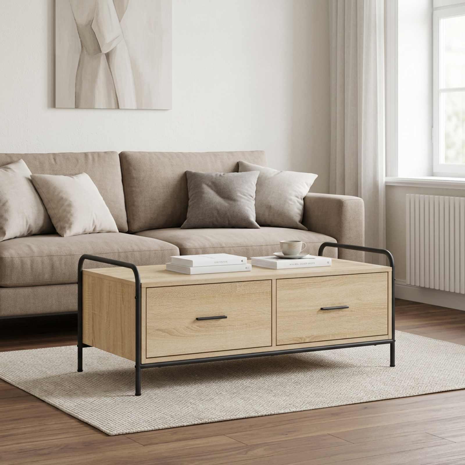 Sofabord i Sonoma-eg med 2 skuffer - 99,5 x 49 x 41 cm