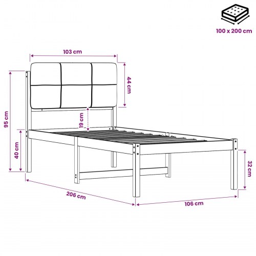 Sengestel med polstret hovedgavl 100 x 200 cm - naturfarvet og mørkegrå