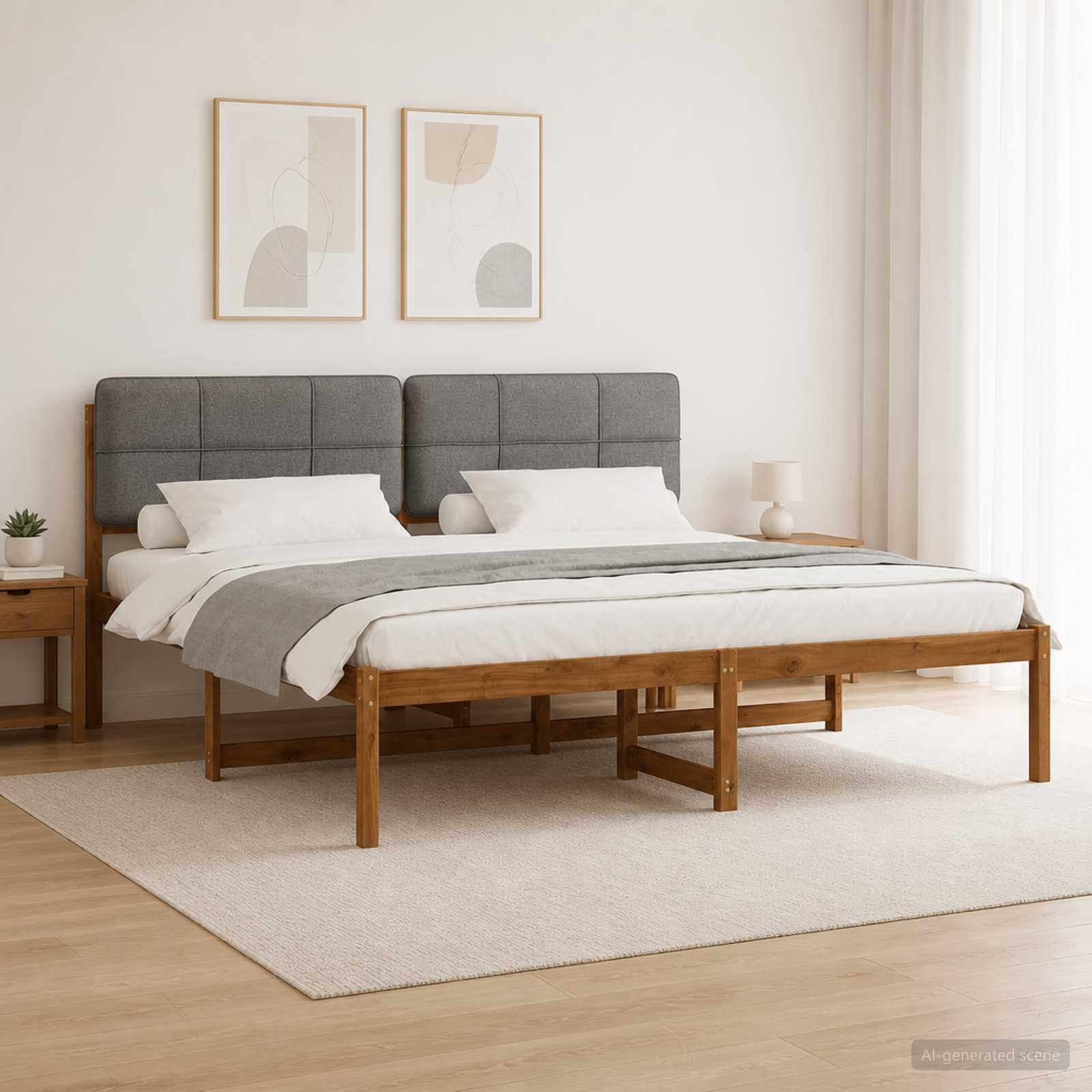 Sengestel med polstret hovedgavl 180 x 200 cm - naturfarvet/lysegrå