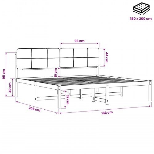 Sengestel med polstret hovedgavl 180 x 200 cm - naturfarvet/lysegrå