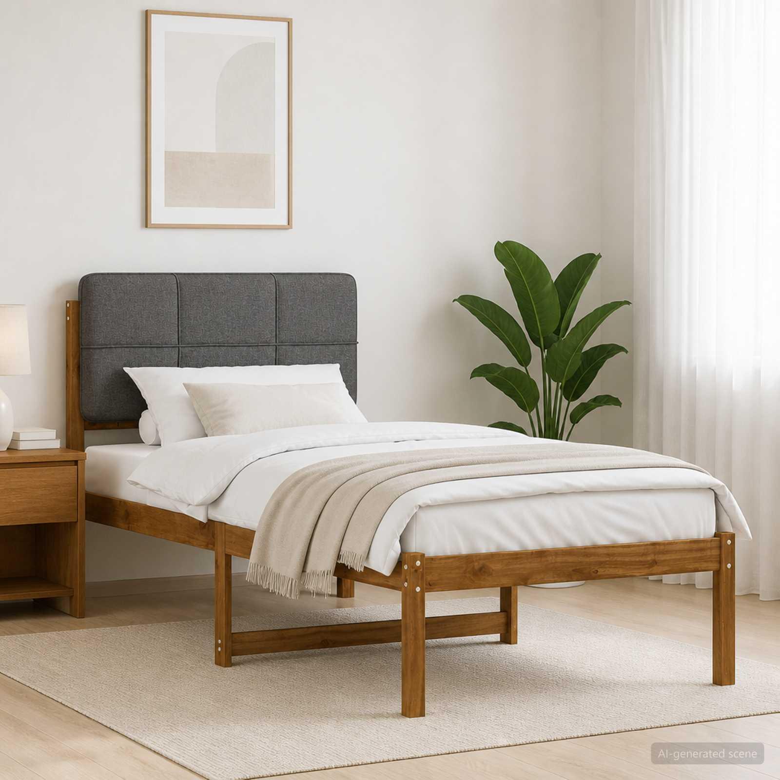 Sengestel 100 x 200 cm med polstret hovedgavl - naturfarvet og lysegrå