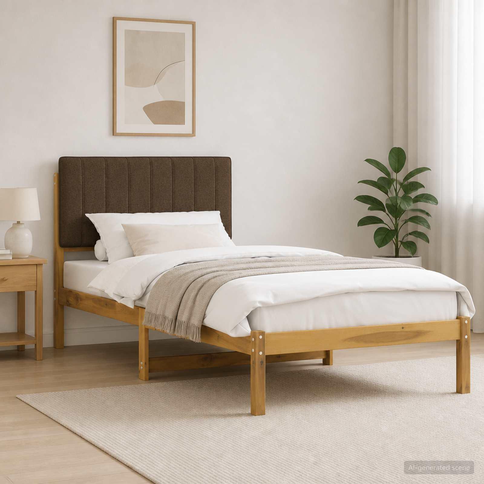 Sengestel 90 x 200 cm med polstret hovedgavl - hvidvasket/taupe