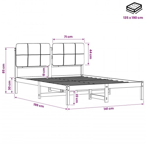 Sengestel med polstret hovedgavl 135 x 190 cm - naturfarvet og lysegrå