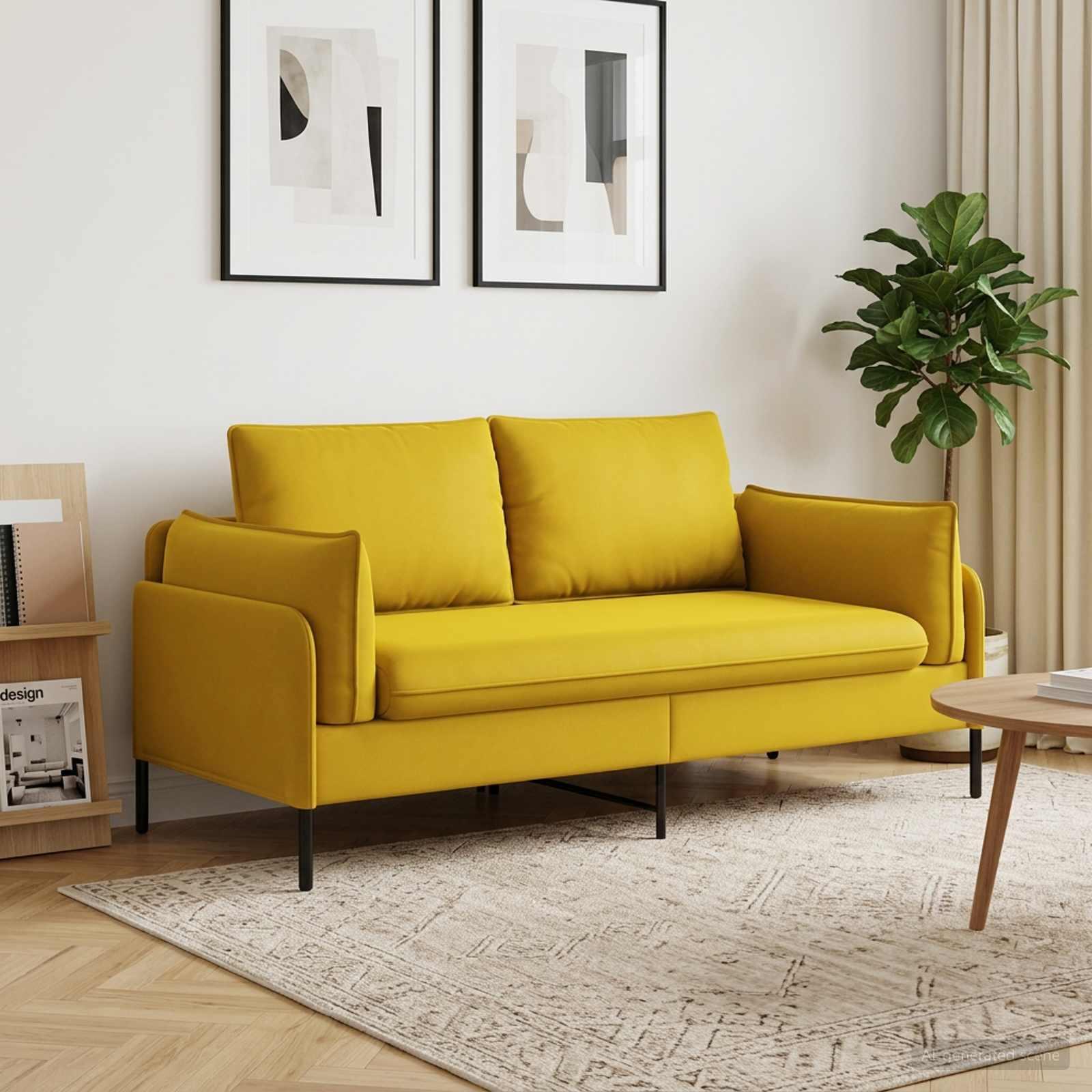 2-personers sofa i gul fløjl - 188 x 81 x 89 cm