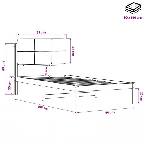 Sengestel med polstret hovedgavl 90 x 190 cm - hvidvasket/taupe
