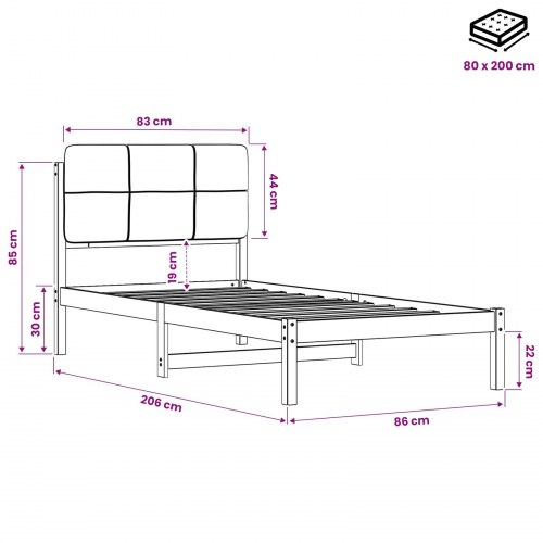 Sengestel med polstret hovedgavl 80 x 200 cm - hvidvasket/lysegrå