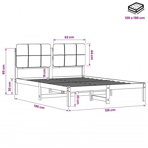 Sengestel med polstret hovedgavl - 120 x 190 cm, hvidvasket og lysegrå