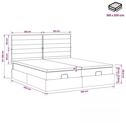 Ottomanseng med madras, topmadras og LED - cremefarvet 160 x 200 cm