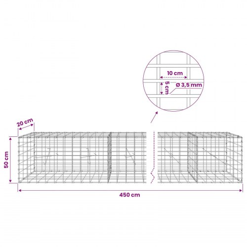 Gabionkurv 450 x 20 x 50 cm - 3,5 mm tråd, 5 x 10 cm maske